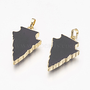 Natura Black Agate Pendants, with Brass Findings, Dyed & Heated, Arrow, Golden, 35~38x16~21x4~6mm, Hole: 4x6mm(G-E493-P03-02G)