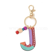 Wood Keychain, with Dye & Iron Key Ring, Letter J, 11.6~12.1cm(KEYC-S256-01J)