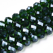 Electroplate Glass Beads Strands, Pearl Luster Plated, Faceted, Rondelle, Dark Green, 4x3mm, Hole: 0.4mm, about 113~115pcs/strand, 41~42cm(EGLA-A034-T4mm-A31)
