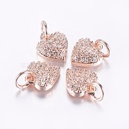 Long-Lasting Plated Brass Micro Pave Cubic Zirconia Charms, Heart, Real Rose Gold Plated, 9x8x3mm, Hole: 3mm(X-ZIRC-F069-41RG)