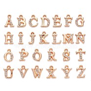 Alloy Rhinestone Charms, Alphabet, Letter A~Z, Crystal, Light Gold, 12.5~13.5x5.5~12x2.5mm, Hole: 1.4mm, 26pcs/set(ALRI-T008-01G)
