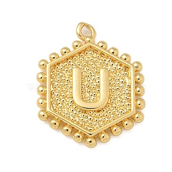 Brass Pendants, Hexagon Letter Charms, Letter U, 20x16x2.5mm, Hole: 1.5mm(KK-B126-01G-U)