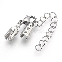 Tarnish Resistant 304 Stainless Steel Chain Extender, with Cord Ends and Lobster Claw Clasps, Stainless Steel Color, 36mm, Chain Extenders: 43mm, Cord End: 10.5x5x4.5mm, Inner Diameter: 4~4.5mm, Clasp: 12x7x3.5mm(STAS-P207-01P-D)