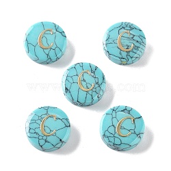 Synthetic Turquoise Beads, with Golden Tone Brass Slices, Flat Round with Letter, Letter C, 15x5.5mm, Hole: 1.4mm(G-A238-02C)