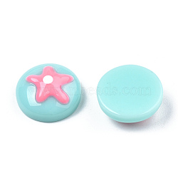 Opaque Resin Enamel Cabochons, Half Round with Pearl Pink Flower, Pale Turquoise, 14x6mm(CRES-N031-023)