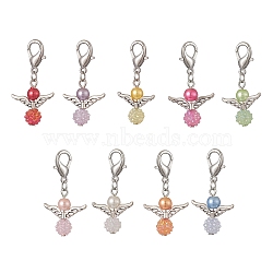 Alloy & Acrylic Pendant Decoraiton, with Zinc Alloy Lobster Claw Clasps, Angel, Mixed Color, 40mm, 9pcs/set(HJEW-JM00971)