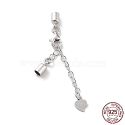 Rhodium Plated 925 Sterling Silver Curb Chain Extender, End Chains with Lobster Claw Clasps and Cord Ends, Heart Chain Tabs, with S925 Stamp, Platinum, 28mm(STER-G039-04A-P)