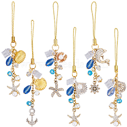 6Pcs 6 Styles Glass & Alloy Enamel & Rhinestone & Glass Pearl Mobile Straps, Dolphin, Golden, 110~124mm, 1pc/style(HJEW-SC0001-88)