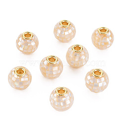 Natural White Shell Mother of Pearl Shell Beads, with Resin & Light Gold Tone Brass Core, Round, PapayaWhip, 10~10.5x10~10.5mm, Hole: 2mm(SSHEL-T014-45A)