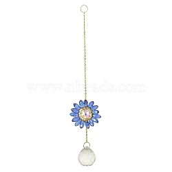 Glass Flower Hanging Suncatchers, Round Tassel for Window Garden Decorations, Royal Blue, 275~280mm(HJEW-P018-F04)