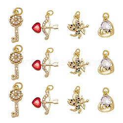 8Pcs 4 Style Brass Pendants, with Micro Pave Clear Cubic Zirconia and Jump Rings, Cupid/Cherub Arrow & Cupid/Cherub & Key with Flower & Heart & Word Love, for Valentine's day, Golden, 12~19x8~15.8x2~3.5mm, Hole: 2~3.2mm, 2pcs/style(ZIRC-LS0001-04G)