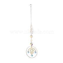Brass Big Pendant Decorations, Hanging Suncatchers, with Octagon Glass Beads and Iron Findings, for Home Window Decoration, Hand & Sun, Evil Eye, 270mm(HJEW-M005-01G-02)