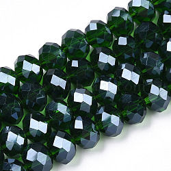 Electroplate Glass Beads Strands, Pearl Luster Plated, Faceted, Rondelle, Dark Green, 4x3mm, Hole: 0.4mm, about 123~127pcs/strand, 16.5~16.9 inch(42~43cm)(EGLA-A034-T4mm-A31)