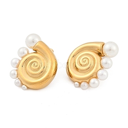 304 Stainless Steel Shell Shape Stud Earrings for Women, with Plastic Imitation Pearl, Left and Right, Real 18K Gold Plated, 28.5x24mm(EJEW-A116-02G)