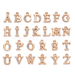 Alloy Rhinestone Charms, Alphabet, Letter A~Z, Crystal, Light Gold, 12.5~13.5x5.5~12x2.5mm, Hole: 1.4mm, 26pcs/set(ALRI-T008-01G)