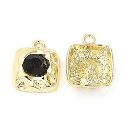 Rack Plating Alloy Glass Pendants, Square Charms, Black, Cadmium Free & Lead Free, Light Gold, 17x14x6mm, Hole: 2mm(FIND-G044-06LG-02)