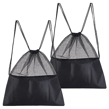 Polyester String Bags, Multi-use Gym Drawstring Bag, Mesh Carry Bag, Rectangle, Black, 348x333x2mm
