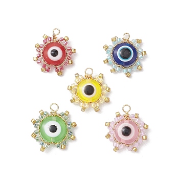 Seed Beads Pendants, with Resin Beads and Copper Wire, Sun with Evil Eye, Mixed Color, 18.5~20x18~19x5~6mm, Hole: 1.8~2.2mm