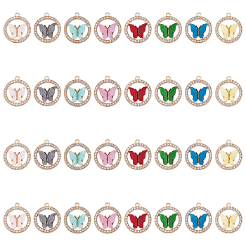 SUNNYCLUE 32Pcs 8 Colors Alloy Rhinestone Pendants, with Acrylic, Ring with Butterfly, Mixed Color, 24.5~25x22x3.5~4mm, Hole: 1.6mm, 4pcs/color