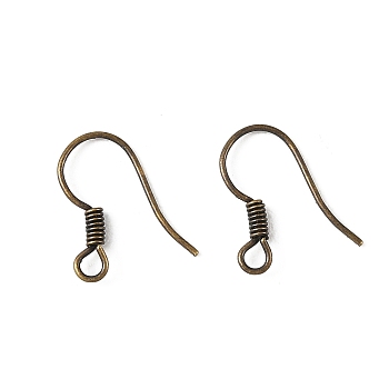 Iron Earring Hooks, French Hooks with Coil, Antique Bronze, 14mm, Hole: 2mm, Pin: 0.6mm
