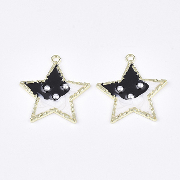 Epoxy Resin Pendants, with ABS Plastic Imitation Pearl, Alloy Findings and Enamel, Star, Golden, Black, 37x35x3.5mm, Hole: 2.5mm
