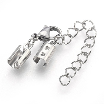 304 Stainless Steel Chain Extender, with Cord Ends and Lobster Claw Clasps, Stainless Steel Color, 36mm, Chain Extenders: 43mm, Cord End: 10.5x5x4.5mm, Inner Diameter: 4~4.5mm, Clasp: 12x7x3.5mm