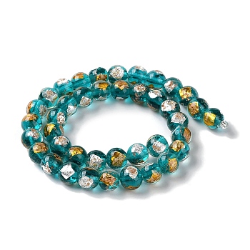 Handmade Gold & Silver Foil Lampwork Beads, Round, Dark Turquoise, 10~10.5mm, Hole: 1.6~1.8mm, about 40pcs/strand, 14.57 inch(37cm)