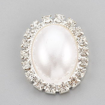 Brass Rhinestone Cabochons, with ABS Plastic Imitation Pearl, Oval, Silver Color Plated, White, 24x19.5x6mm
