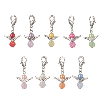 Alloy & Acrylic Pendant Decoraiton, with Zinc Alloy Lobster Claw Clasps, Angel, Mixed Color, 40mm, 9pcs/set