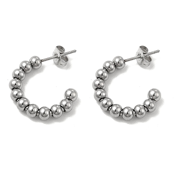 304 Stainless Steel Round Beaded C-shape Stud Earring, Half Hoop Earrings for Women, Stainless Steel Color, 20.5x4x18.5mm, Pin: 0.8mm
