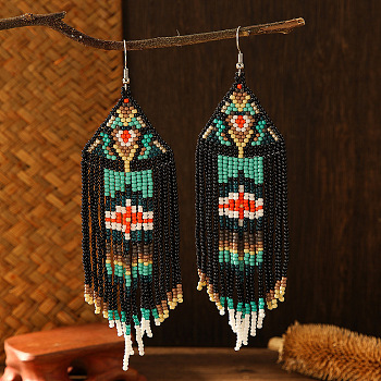 Bohemian Style Glass Bead Handmade Tassel Earrings for Women, Colorful, 135x40mm