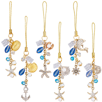 6Pcs 6 Styles Glass & Alloy Enamel & Rhinestone & Glass Pearl Mobile Straps, Dolphin, Golden, 110~124mm, 1pc/style