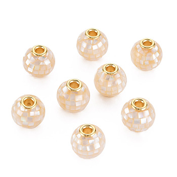 Natural White Shell Mother of Pearl Shell Beads, with Resin & Light Gold Tone Brass Core, Round, PapayaWhip, 10~10.5x10~10.5mm, Hole: 2mm