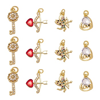8Pcs 4 Style Brass Pendants, with Micro Pave Clear Cubic Zirconia and Jump Rings, Cupid/Cherub Arrow & Cupid/Cherub & Key with Flower & Heart & Word Love, for Valentine's day, Golden, 12~19x8~15.8x2~3.5mm, Hole: 2~3.2mm, 2pcs/style