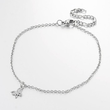 Butterfly Stainless Steel Pendant Anklets, with Lobster Clasps and End Chains, Stainless Steel Color, 230x2mm