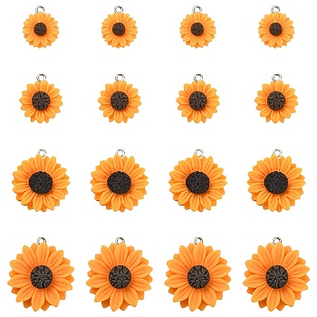 20Pcs 4 Styles Opaque Resin Pendants, with Platinum Tone Iron Loops, Sunflower Charm, Dark Orange, 19.5x16x5mm, Hole: 2mm, 5pcs/style