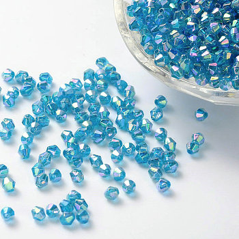 Bicone AB Color Plated Eco-Friendly Transparent Acrylic Beads, Sky Blue, 4x4mm, Hole: 1mm, about 1660pcs/50g