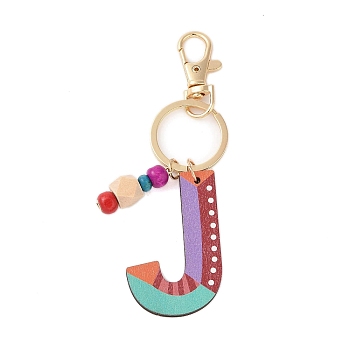 Wood Keychain, with Dye & Iron Key Ring, Letter J, 11.6~12.1cm