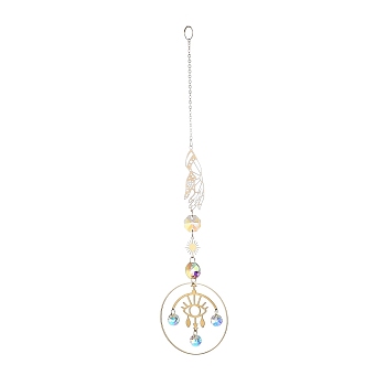 Brass Big Pendant Decorations, Hanging Suncatchers, with Octagon Glass Beads and Iron Findings, for Home Window Decoration, Hand & Sun, Evil Eye, 270mm