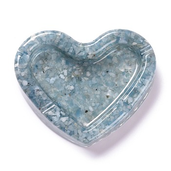 Resin with Natural Aquamarine Chip Stones Ashtray, Home OFFice Tabletop Decoration, Heart, 103x121x27mm, Inner Diameter: 96x60mm
