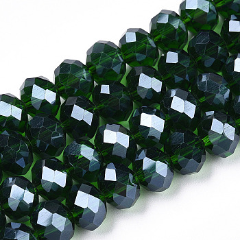 Electroplate Glass Beads Strands, Pearl Luster Plated, Faceted, Rondelle, Dark Green, 4x3mm, Hole: 0.4mm, about 113~115pcs/strand, 41~42cm