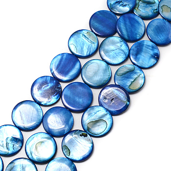 Natural Shell Beads Strands, Dyed, Flat Round, Blue, about 20mm in diameter, hole: 0.5mm, 20pcs/strand, 15 inch