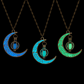 3Pcs 3 Colors Platinum Plated Alloy Crescent Moon Pendant Necklaces Set, Glow in the Dark Synthetic Luminous Stone Jewelry for Women, Mixed Color, 18.11 inch(46cm), 1Pc/color