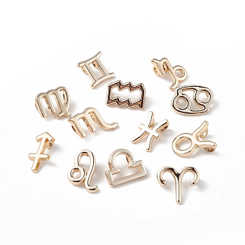 12Pcs 12 Style Alloy Charms Set, Twelve Constellations Charm, Light Gold, 11~15x8.5~13.5x2.5~6mm, Hole: 2mm, 1pc/style
