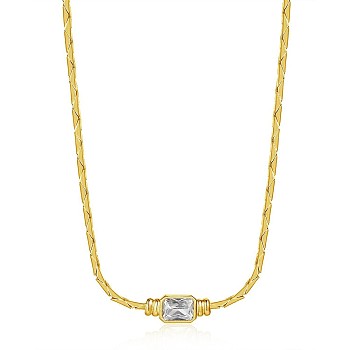 304 Stainless Steel Pave Clear Cubic Zirconia Rectangle Flat Snake Chain Necklaces for Women, Real 18K Gold Plated, 15.75 inch(40cm)