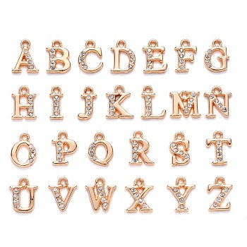 Alloy Rhinestone Charms, Alphabet, Letter A~Z, Crystal, Light Gold, 12.5~13.5x5.5~12x2.5mm, Hole: 1.4mm, 26pcs/set