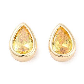 Brass Cubic Zirconia Beads, Teardrop, Real 18K Gold Plated, Gold, 11x8x4mm, Hole: 2.5x1.2mm