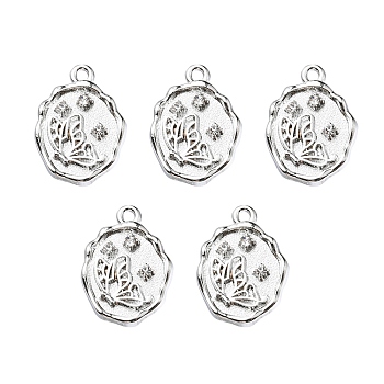 Alloy Crystal Rhinestone Pendants, Flat Round with Butterfly Charms, Platinum, 19.5x14x3mm, Hole: 1.6mm