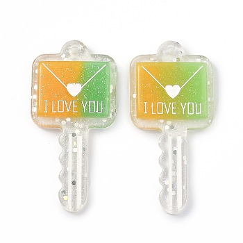 Two Tone Resin Big Pendants, Valentine's Day Theme, Glitter Powder, Envelope Key with Word I LOVE YOU, Green, 57.5x28x6mm, Hole: 2.3mm