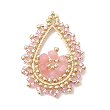 Glass Seed Bead & Dyed Natural Malaysia Jade Pendants, Teardrop Charm, with 201 Stainless Steel Linking Rings, Pearl Pink, 35.5x26x4.5mm, Hole: 2.5mm